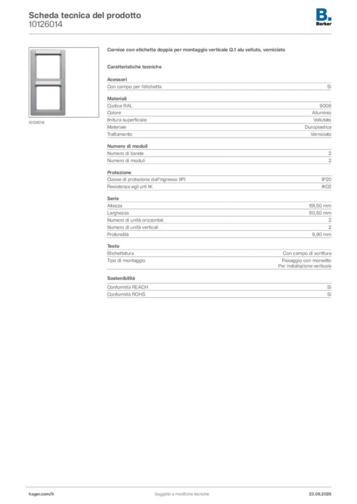 Immagine Berker Scheda tecnica del prodotto 10126014 | Hager Italia