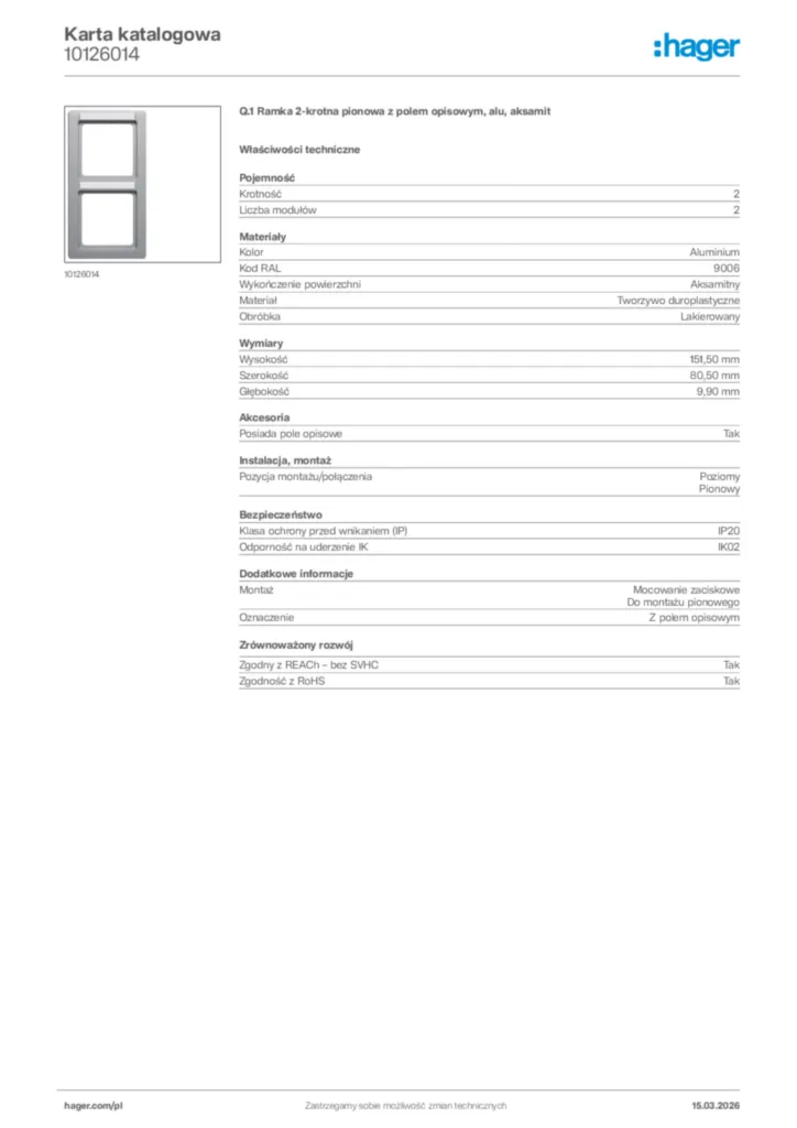 Zdjęcie Hager Karta katalogowa 10126014 | Hager Polska