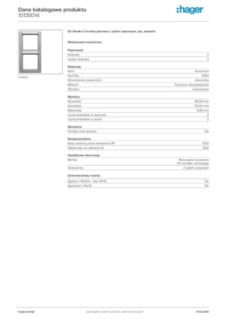Zdjęcie Hager Karta katalogowa 10126014 | Hager Polska
