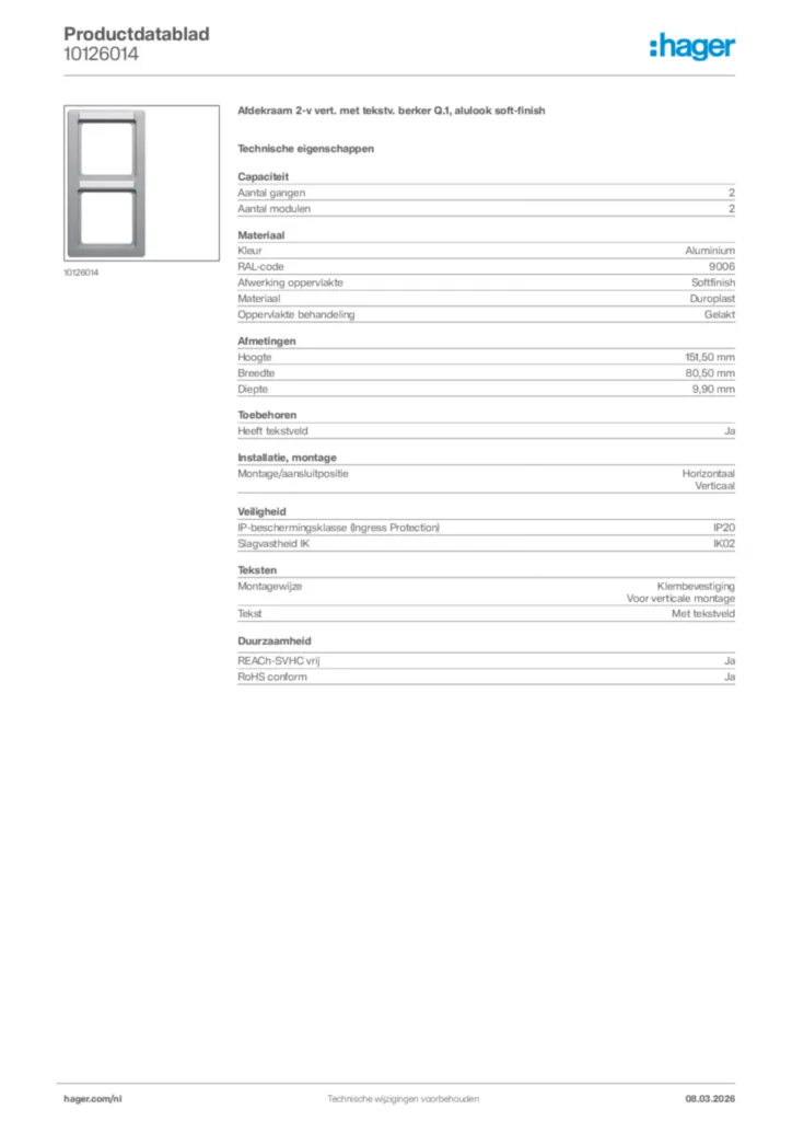 Afbeelding Hager Productdatablad 10126014 | Hager Nederland