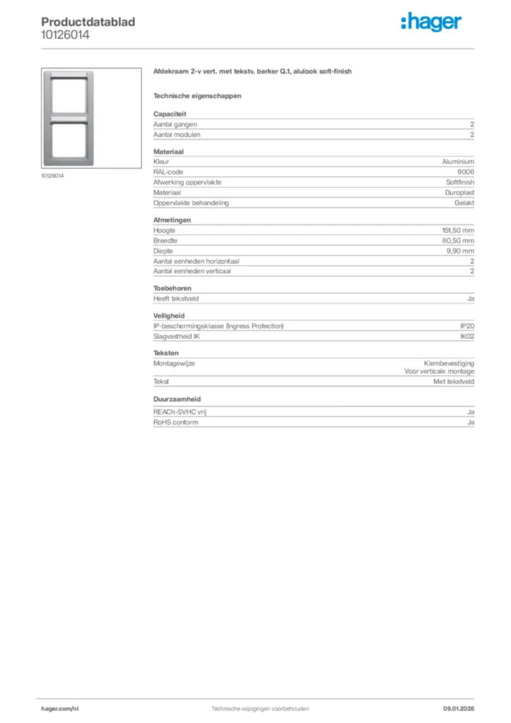 Afbeelding Hager Productdatablad 10126014 | Hager Nederland