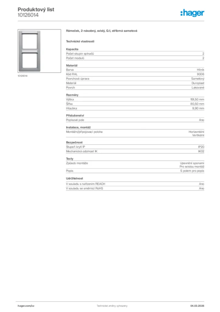 Obrázek Hager Product data sheet 10126014 | Hager