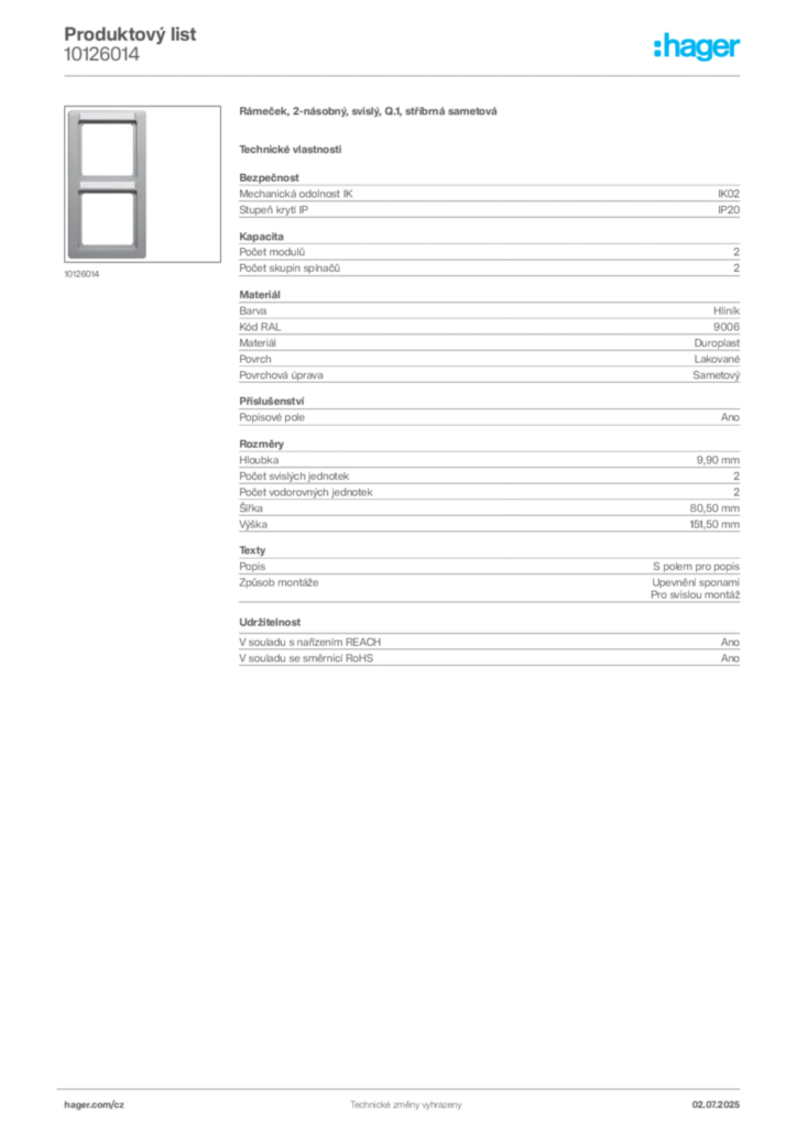 Obrázek Hager Produktový list 10126014 | Hager