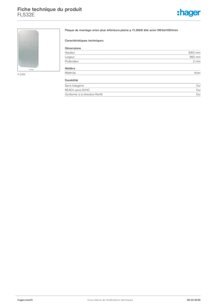 Image Hager Fiche technique du produit FL532E | Hager France