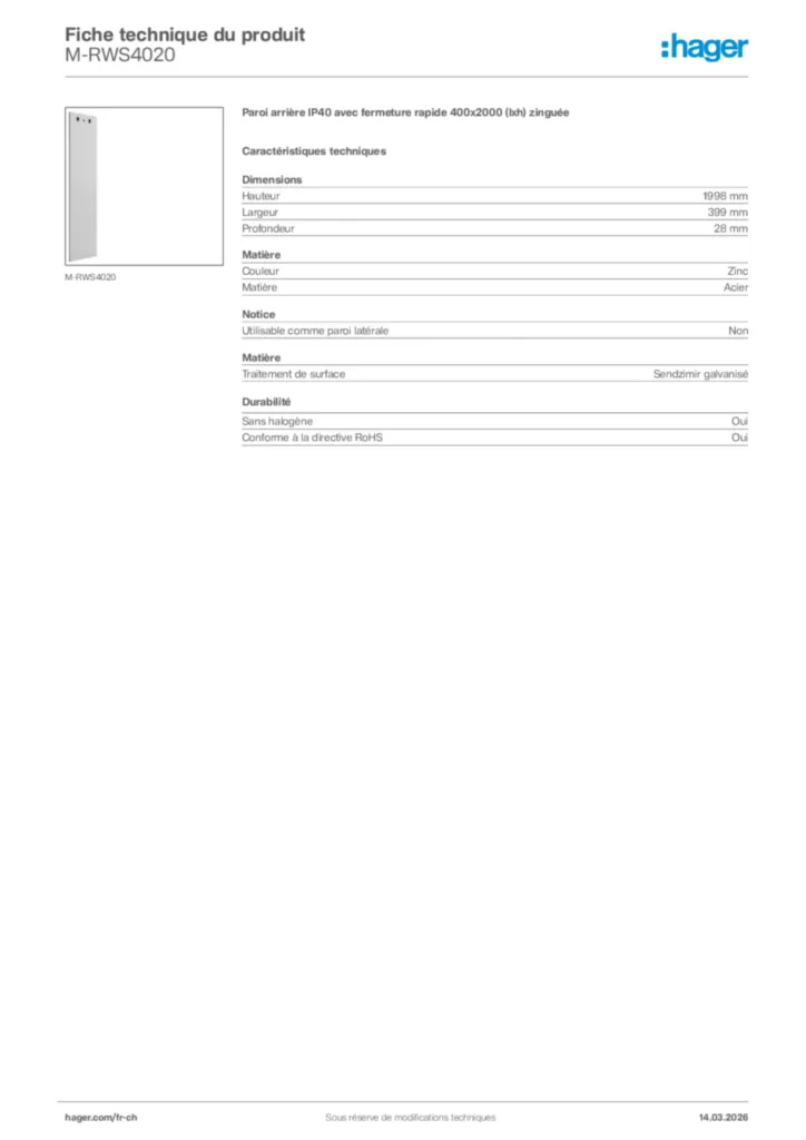 Image Hager Fiche technique du produit M-RWS4020 | Hager Suisse