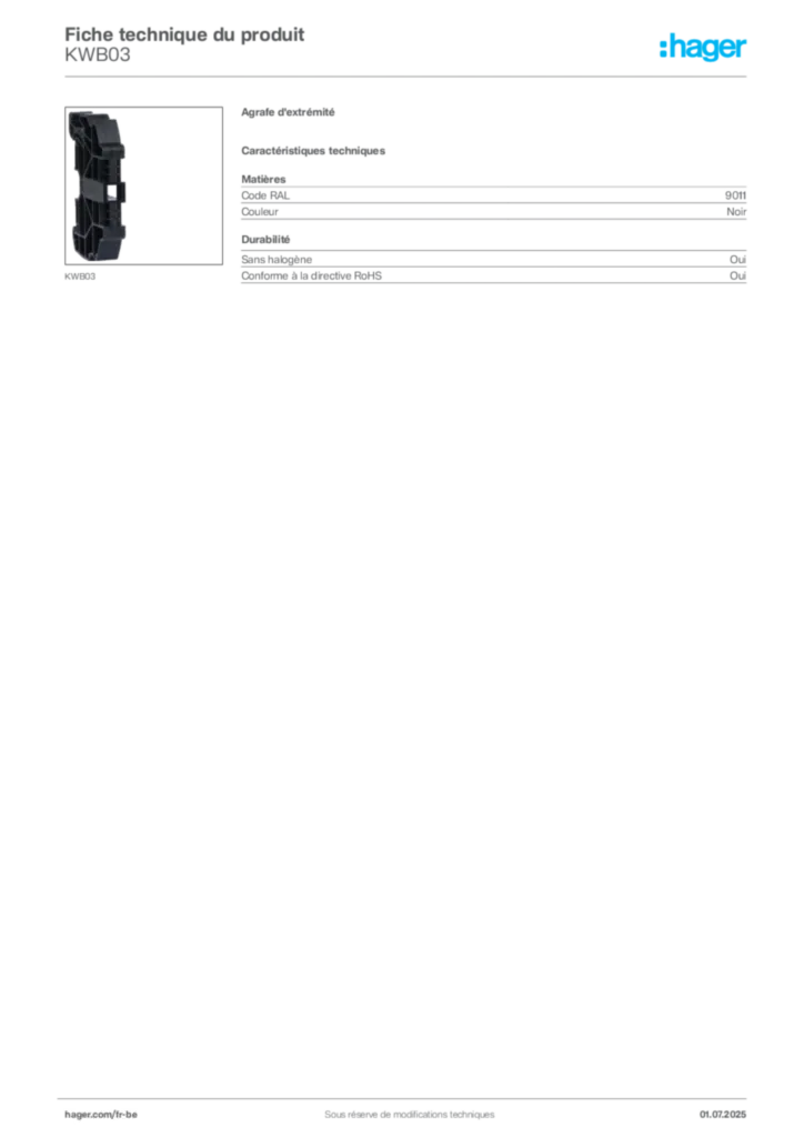 Image Hager Fiche technique du produit KWB03 | Hager Belgique