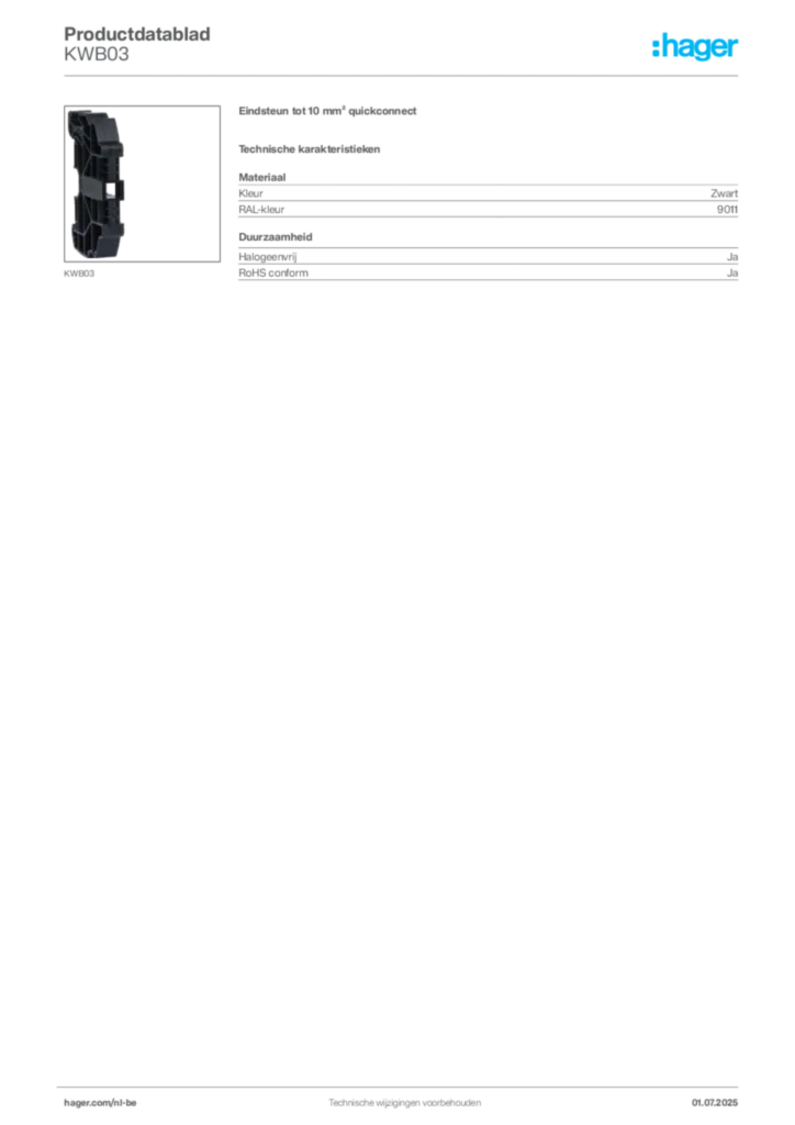 Afbeelding Hager Productdatablad KWB03 | Hager Belgium