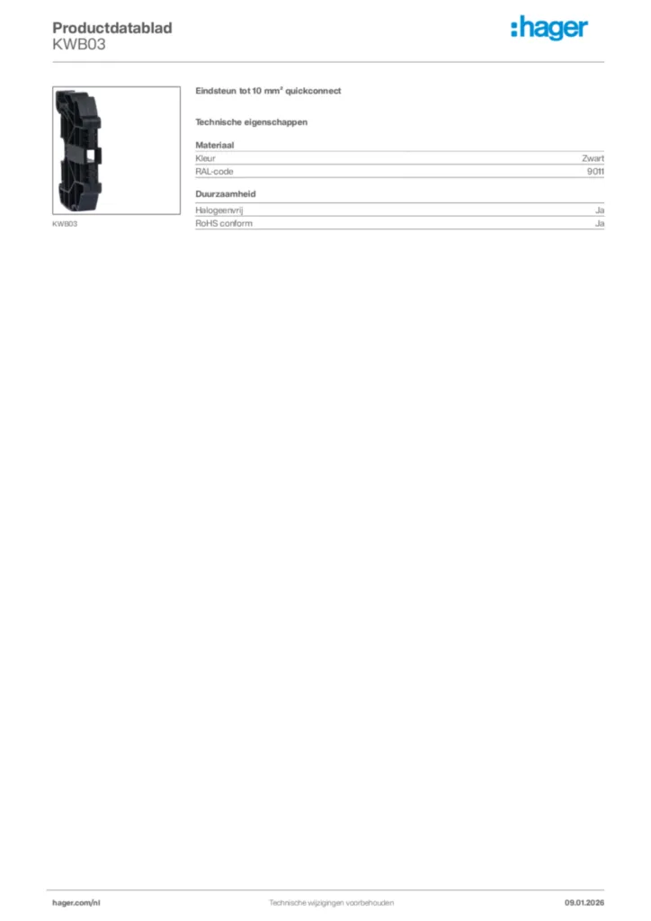 Afbeelding Hager Productdatablad KWB03 | Hager Nederland