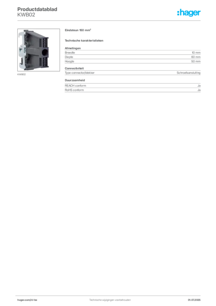 Afbeelding Hager Productdatablad KWB02 | Hager Belgium