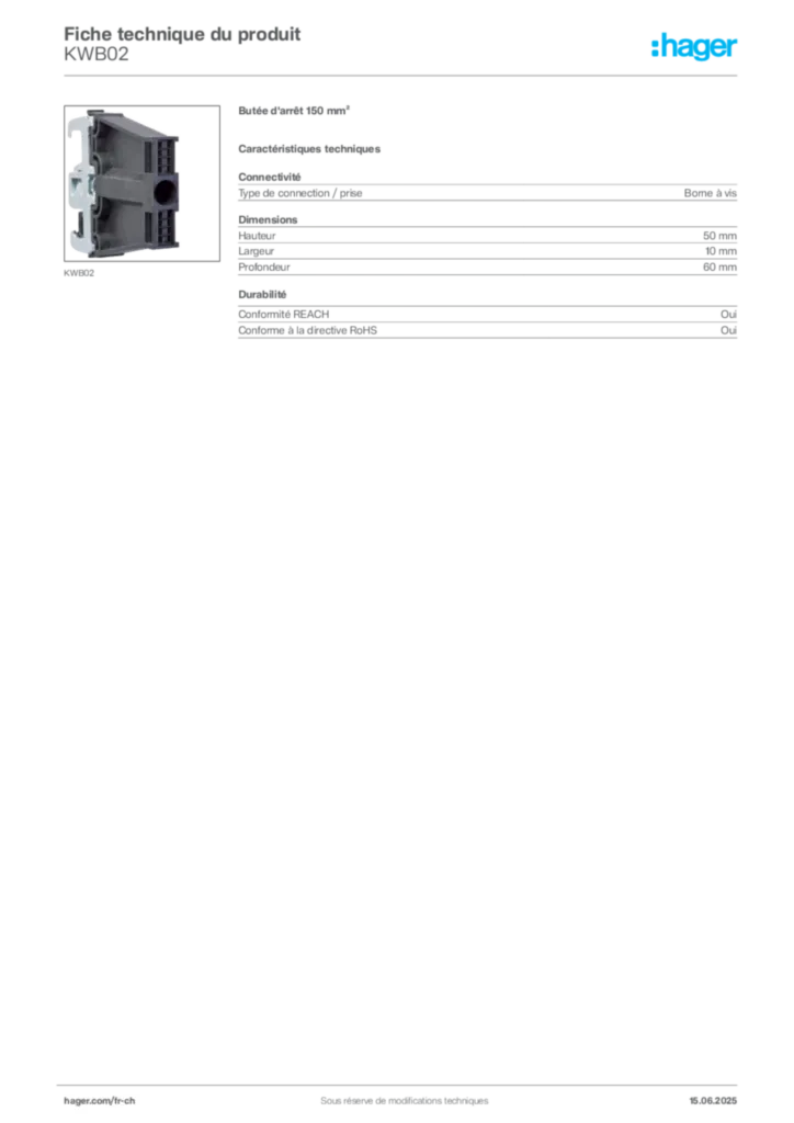 Image Hager Fiche technique du produit KWB02 | Hager Suisse