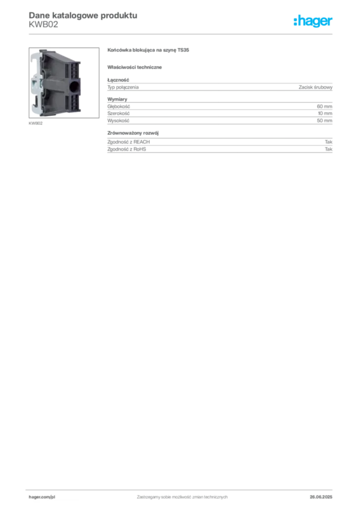 Zdjęcie Hager Karta katalogowa KWB02 | Hager Polska