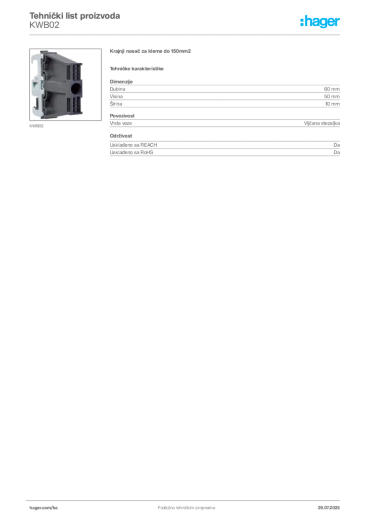 Slika Hager Product data sheet KWB02  | Hager