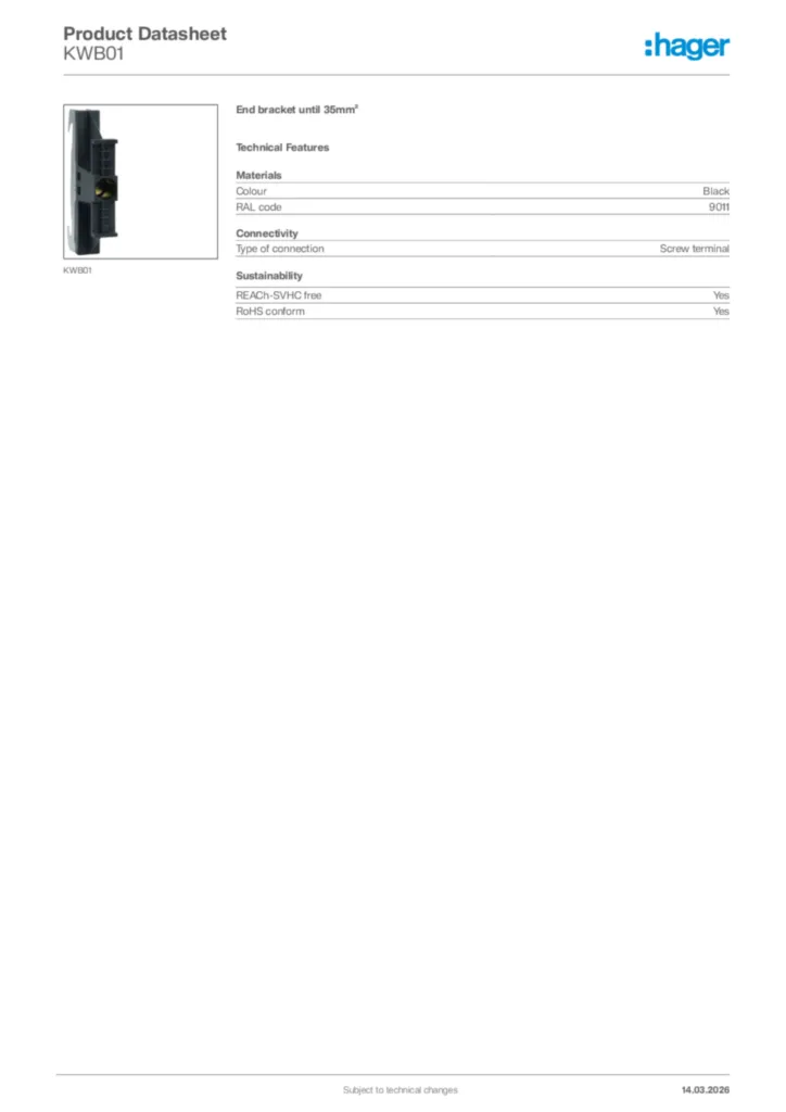 Image Hager Product data sheet KWB01  | Hager Africa