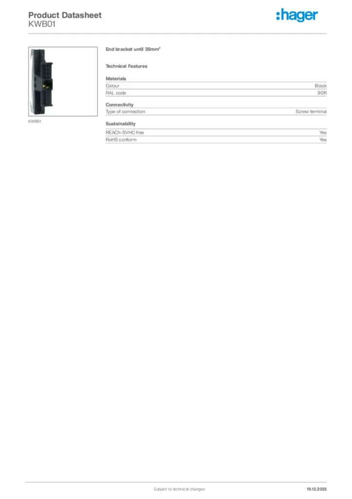 Image Hager Product data sheet KWB01  | Hager Africa