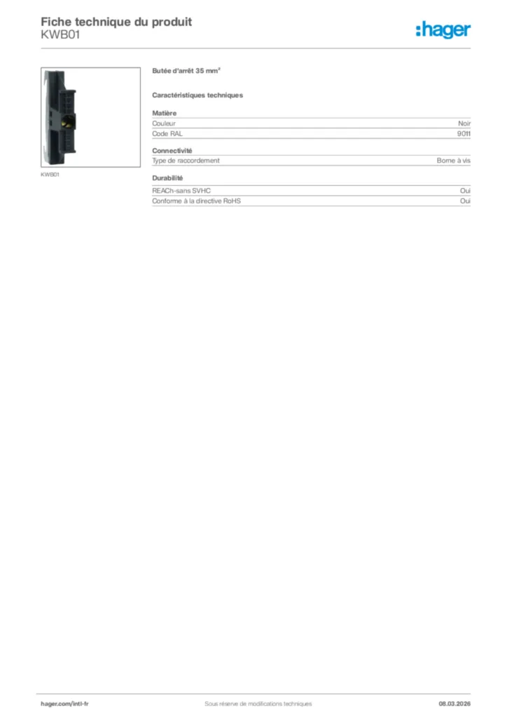 Image Hager Fiche technique du produit KWB01 | Hager Afrique