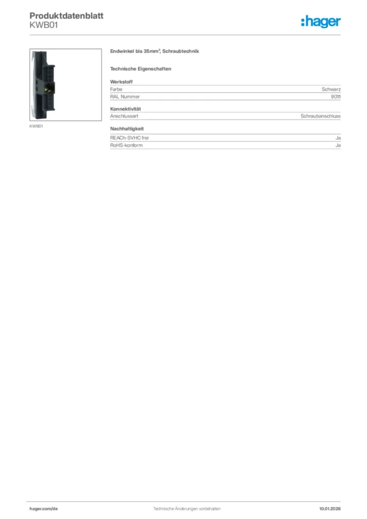Bild Hager Produktdatenblatt KWB01 | Hager Deutschland