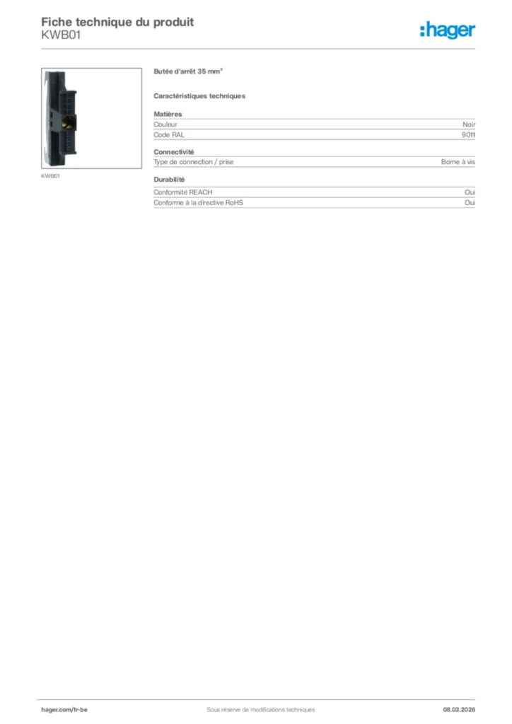Image Hager Fiche technique du produit KWB01 | Hager Belgique