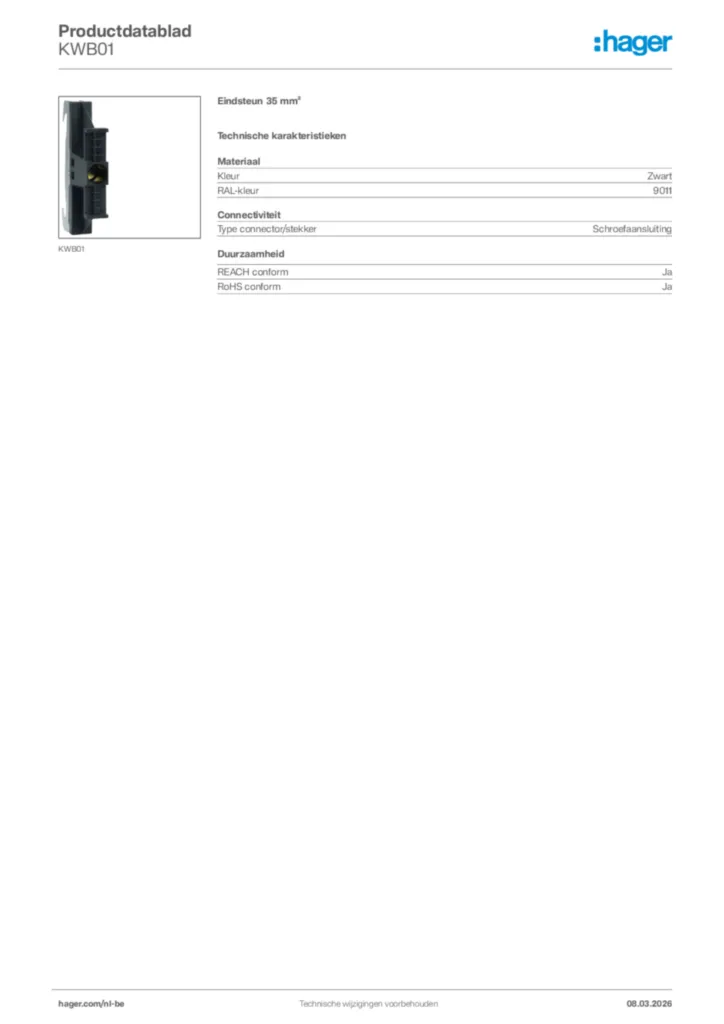 Afbeelding Hager Productdatablad KWB01 | Hager Belgium