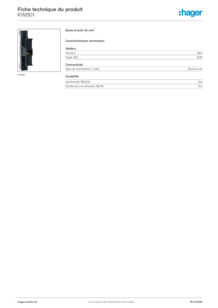 Image Hager Fiche technique du produit KWB01 | Hager Suisse