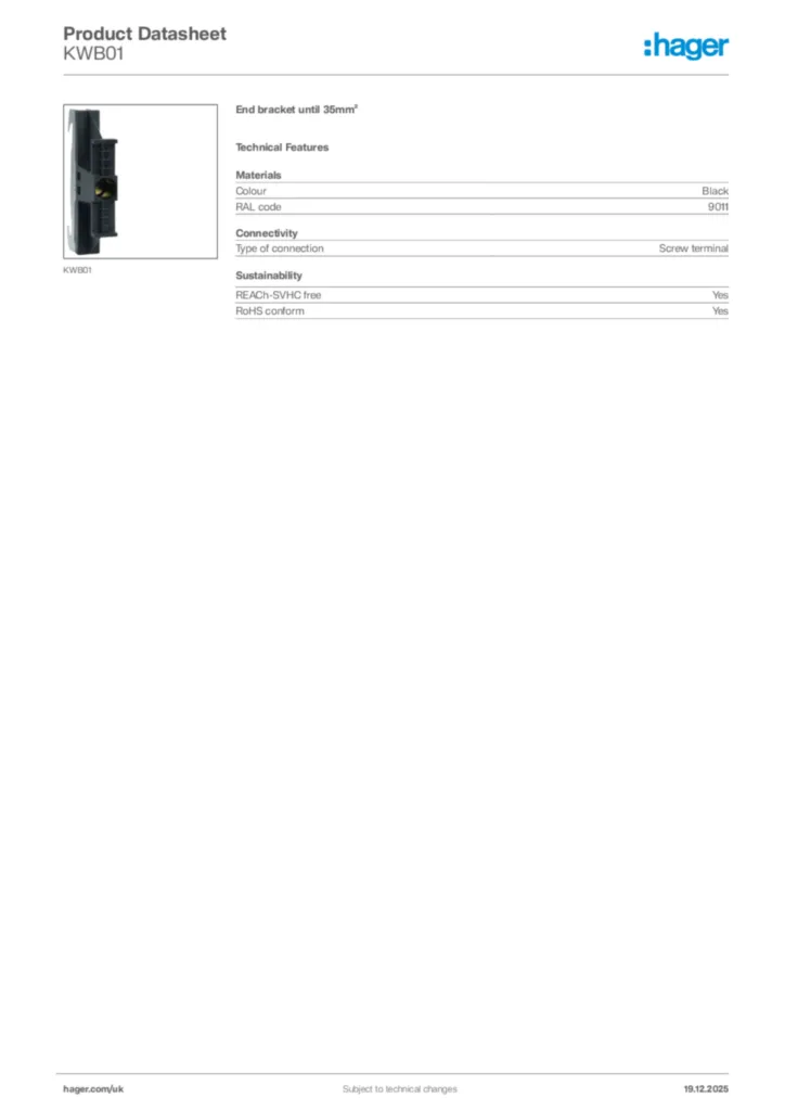 Image Hager Product data sheet KWB01  | Hager