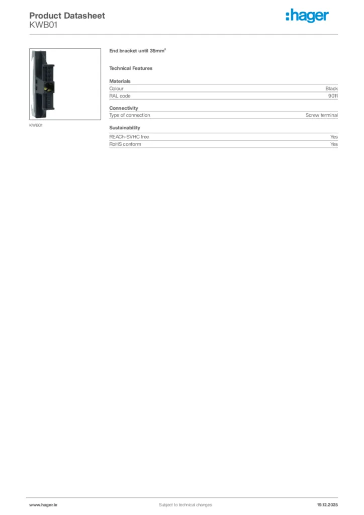 Image Hager Product data sheet KWB01  | Hager