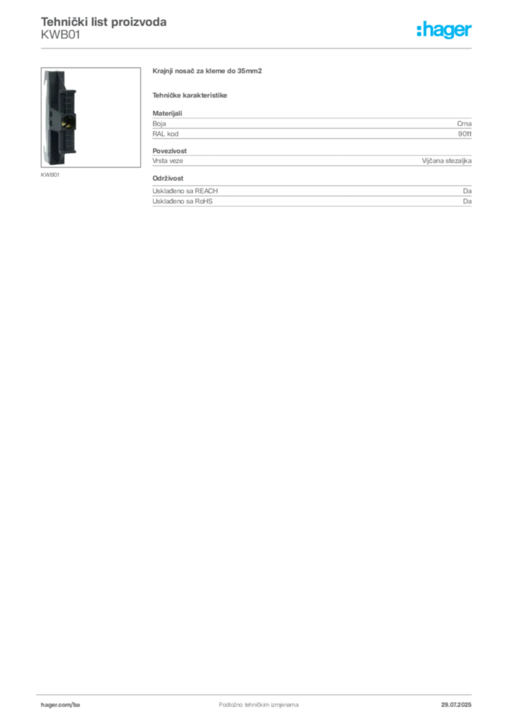 Slika Hager Product data sheet KWB01  | Hager