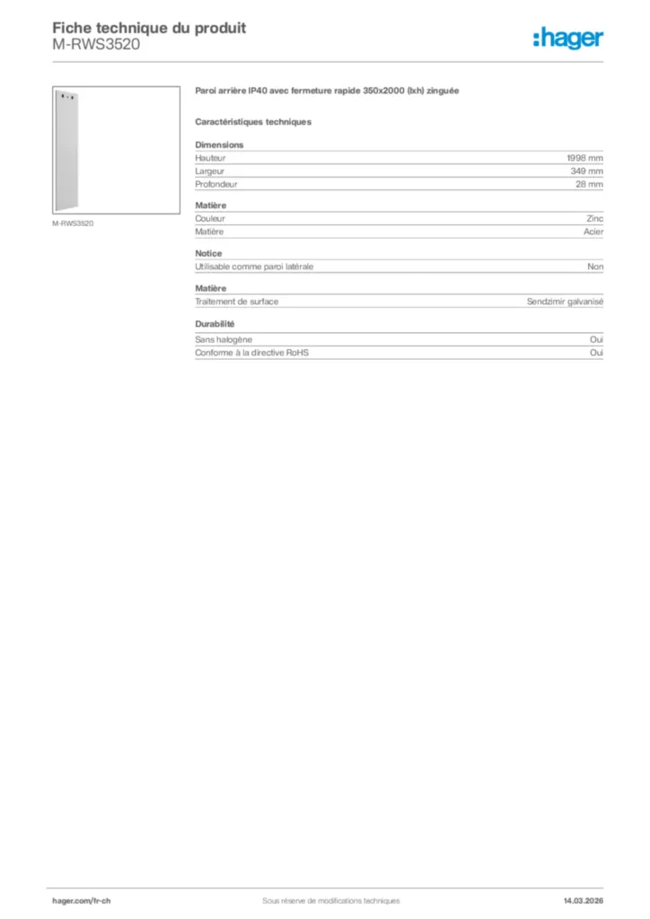 Image Hager Fiche technique du produit M-RWS3520 | Hager Suisse