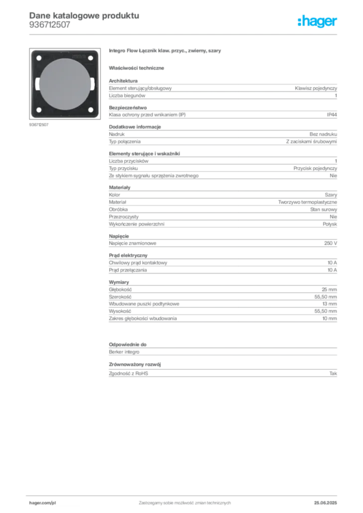 Zdjęcie Hager Karta katalogowa 936712507 | Hager Polska