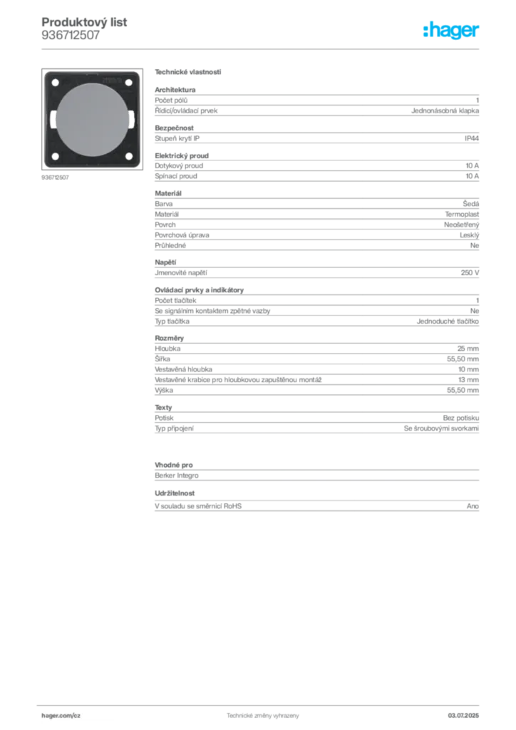 Obrázek Hager Produktový list 936712507 | Hager