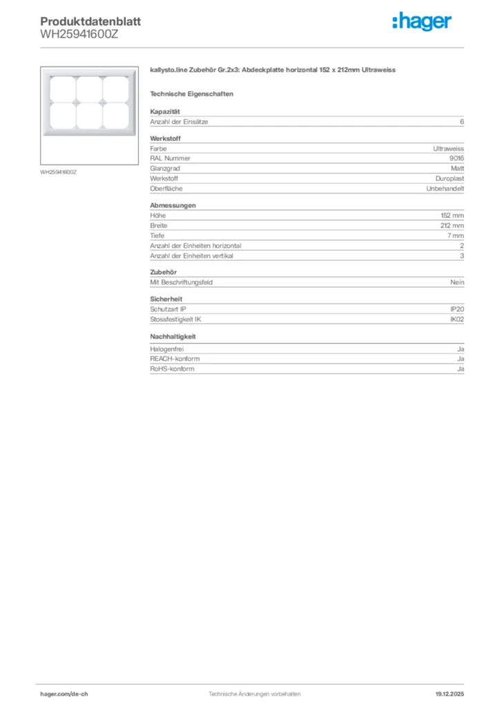 Bild Hager Produktdatenblatt WH25941600Z | Hager Schweiz