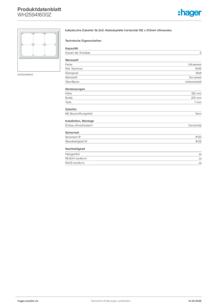 Bild Hager Produktdatenblatt WH25941600Z | Hager Schweiz
