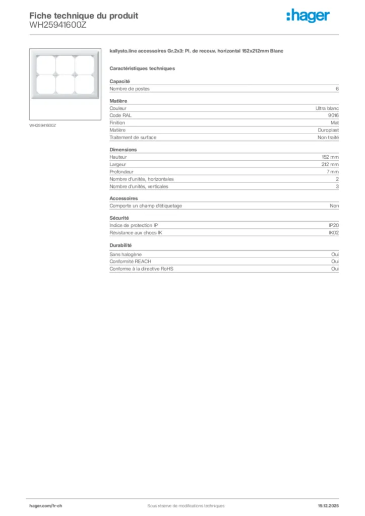 Image Hager Fiche technique du produit WH25941600Z | Hager Suisse