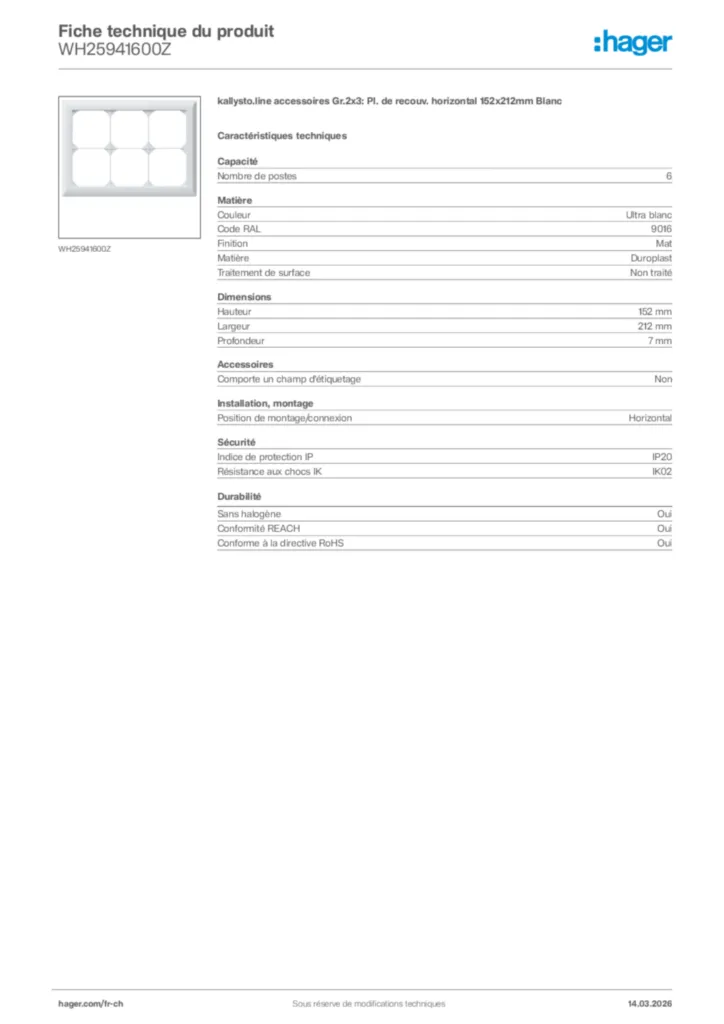 Image Hager Fiche technique du produit WH25941600Z | Hager Suisse
