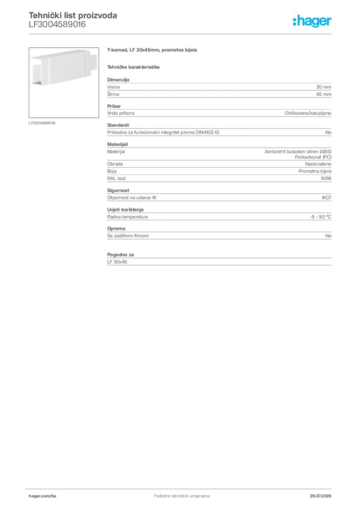 Slika Hager Product data sheet LF3004589016  | Hager