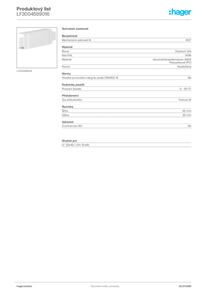 Obrázek Hager Produktový list LF3004589016 | Hager