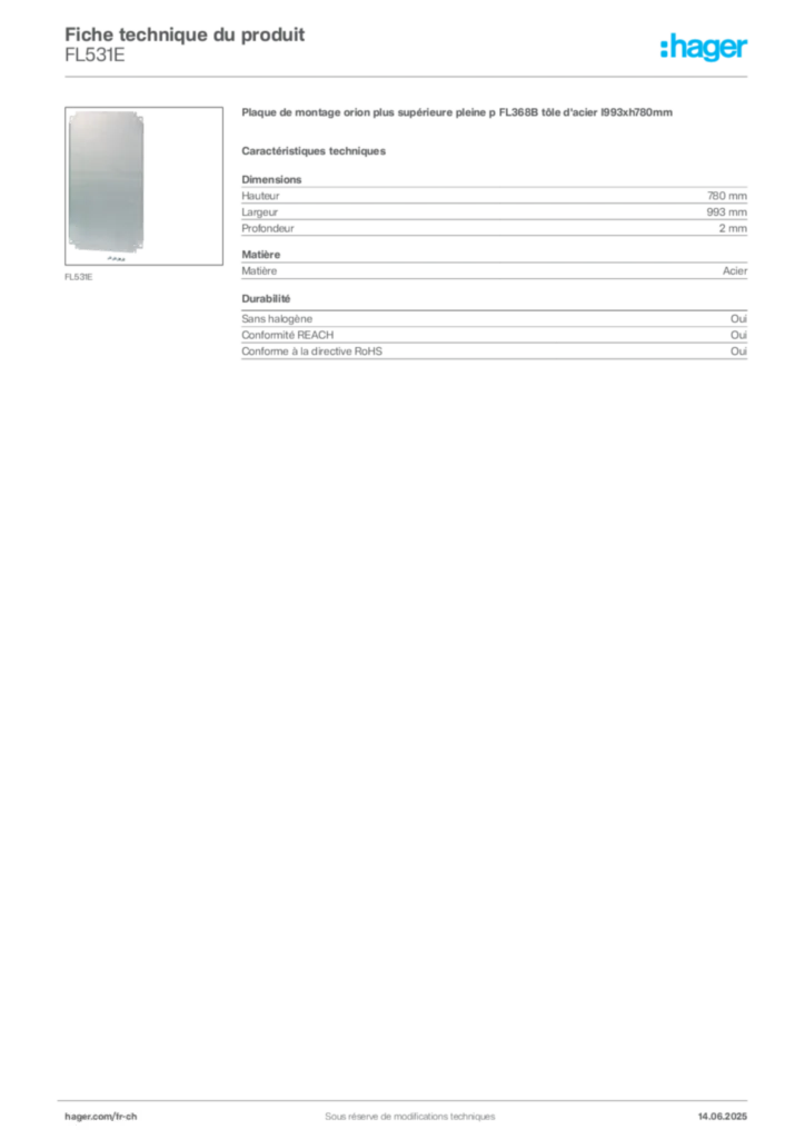 Image Hager Fiche technique du produit FL531E | Hager Suisse