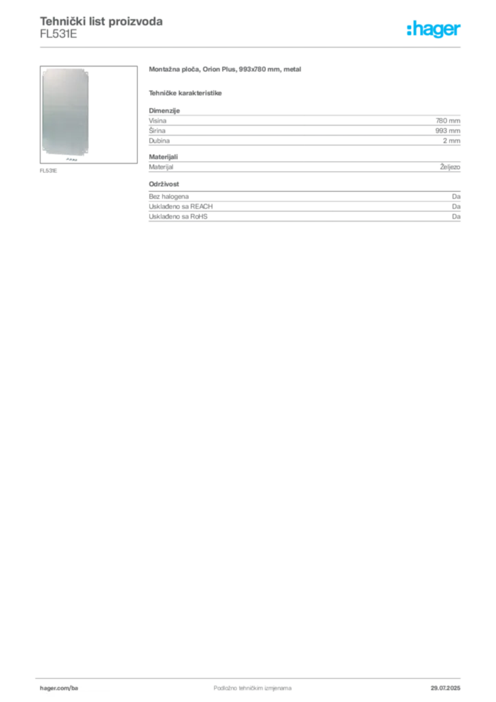 Slika Hager Product data sheet FL531E  | Hager