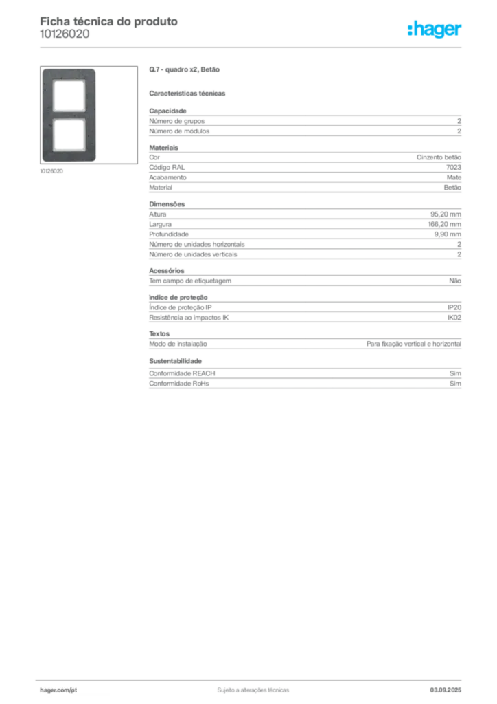 Imagem Hager Ficha técnica do produto 10126020 | Hager Portugal