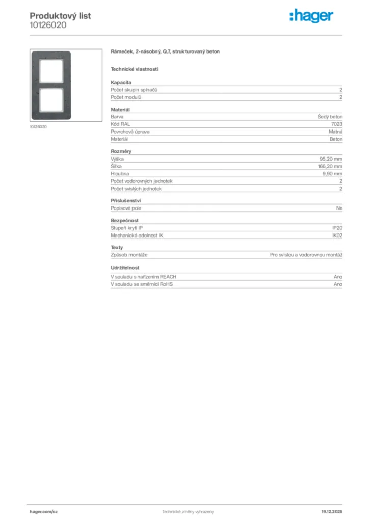 Obrázek Hager Produktový list 10126020 | Hager