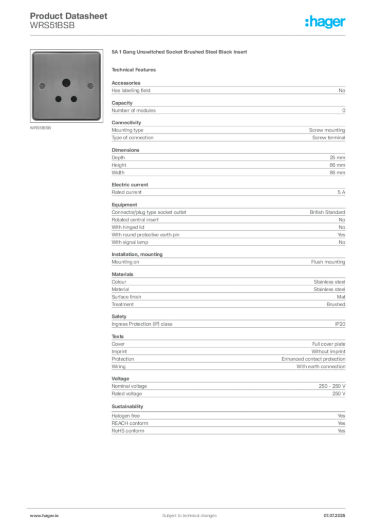 Image Hager Product data sheet WRS51BSB  | Hager