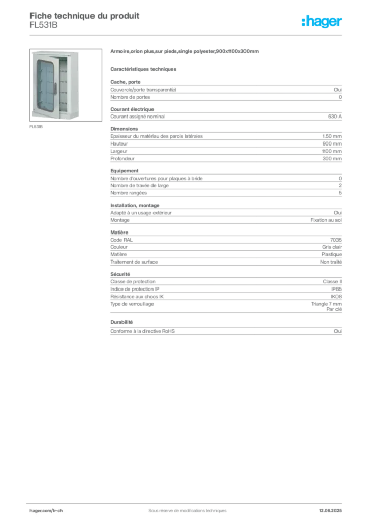 Image Hager Fiche technique du produit FL531B | Hager Suisse