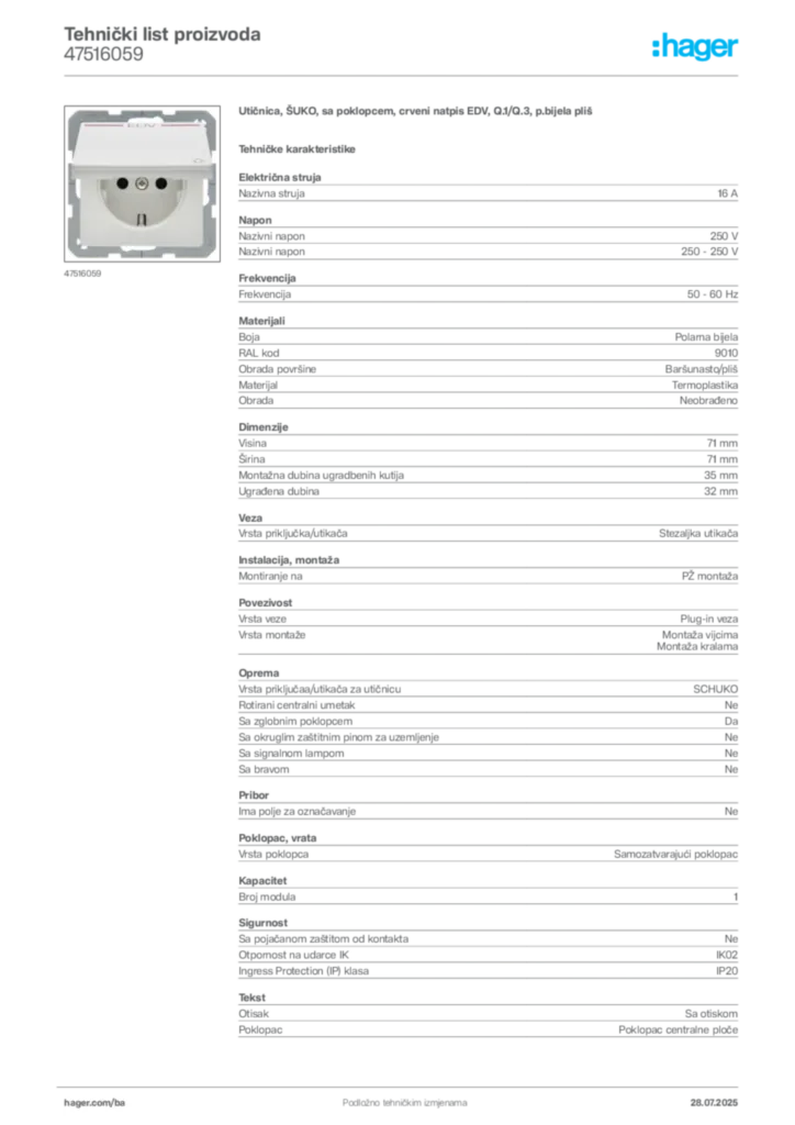 Slika Hager Product data sheet 47516059  | Hager