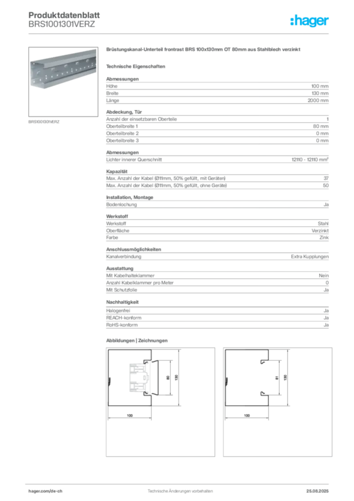 Bild Hager Produktdatenblatt BRS1001301VERZ | Hager Schweiz