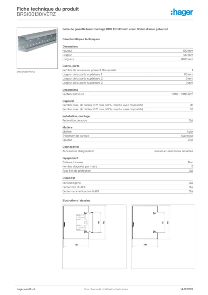 Image Hager Fiche technique du produit BRS1001301VERZ | Hager Suisse