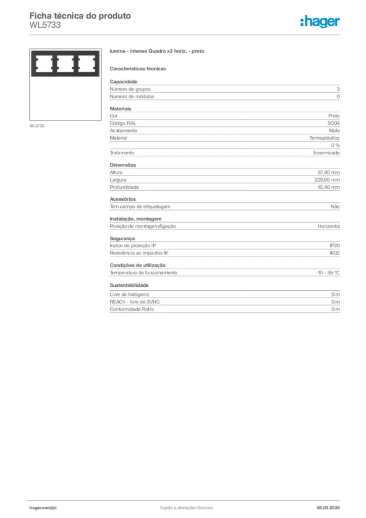 Imagem Hager Ficha técnica do produto WL5733 | Hager Portugal