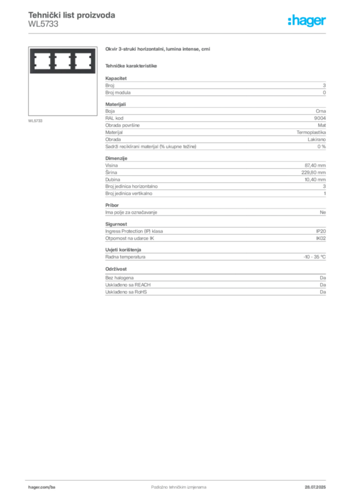 Slika Hager Product data sheet WL5733  | Hager
