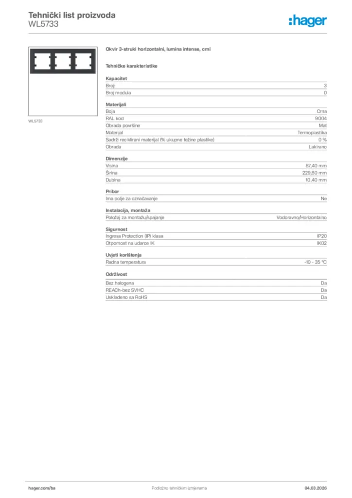 Slika Hager Tehnički list proizvoda WL5733  | Hager