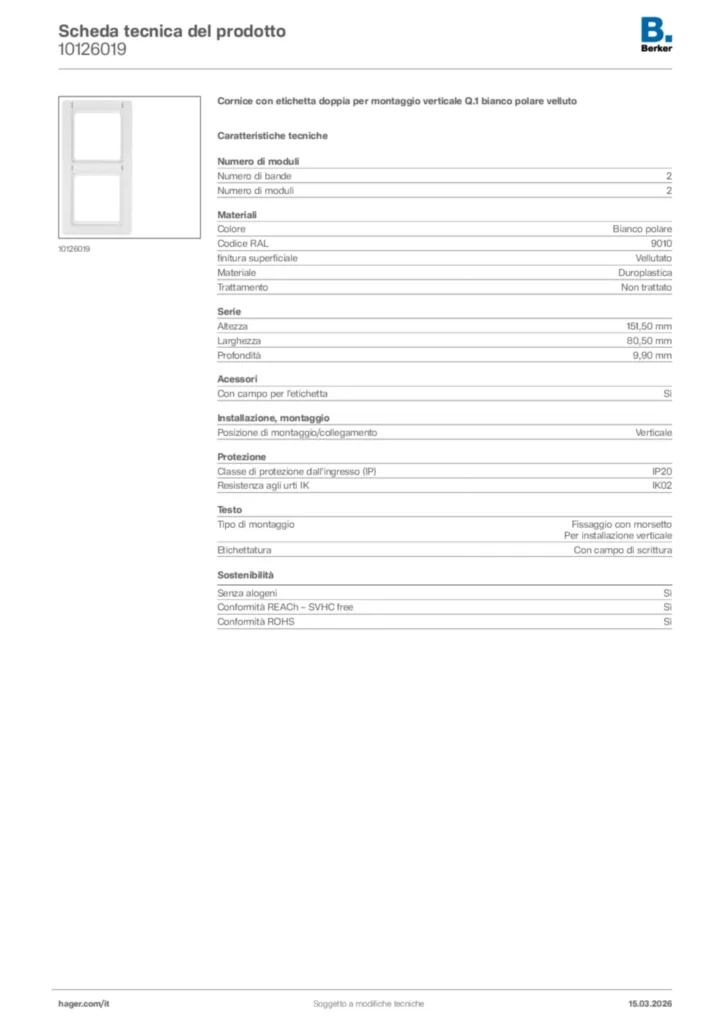 Immagine Berker Scheda tecnica del prodotto 10126019 | Hager Italia