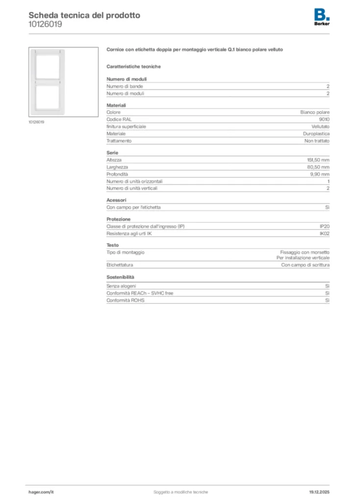 Immagine Berker Scheda tecnica del prodotto 10126019 | Hager Italia