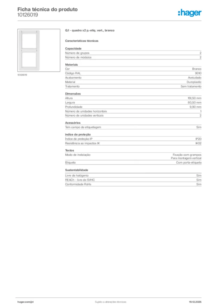 Imagem Hager Ficha técnica do produto 10126019 | Hager Portugal